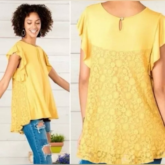 Matilda Jane Bocce Ball Golden Yellow Lace Back Top Size Large E26 - Picture 1 of 7